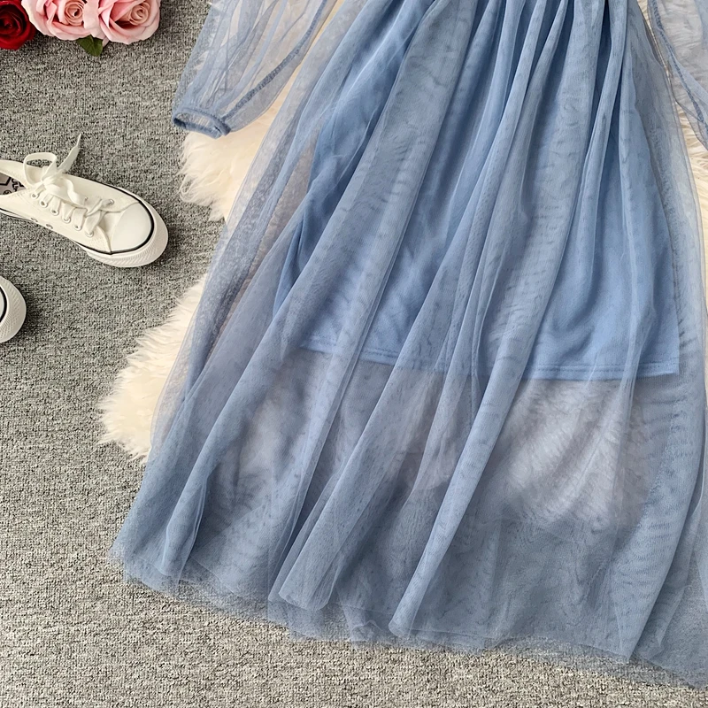 

Summer dress 2020 sweet chic mesh lace party dress women streetwear casual elegant fairy A-line long dress