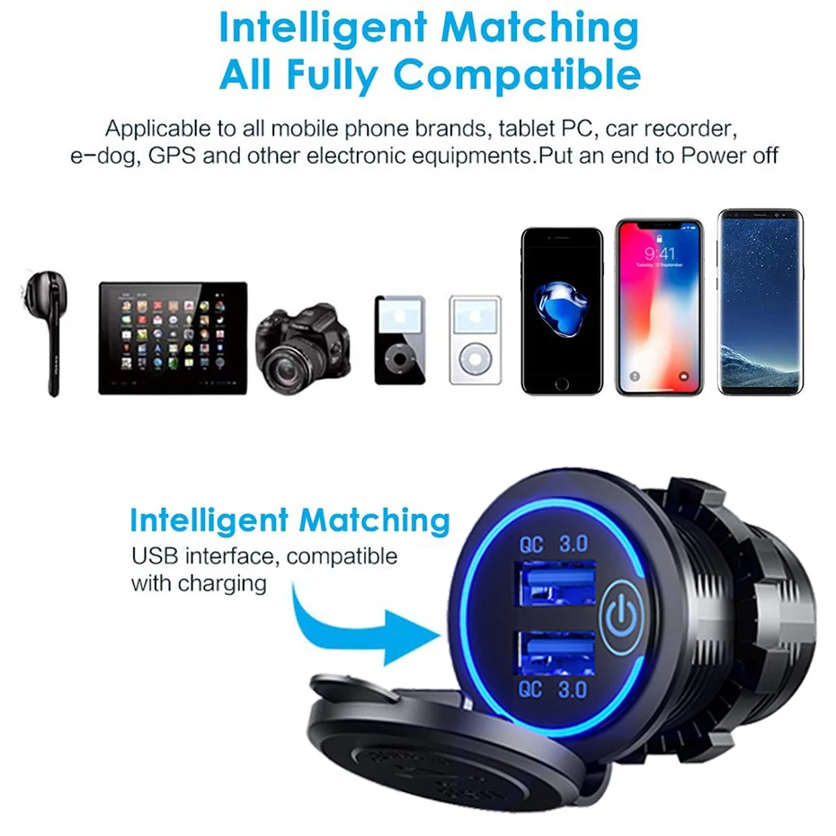36W QC 3.0 Touch Switch Waterproof Universal Motorcycle Car Truck VAN Boat Dual USB Charger Socket For Phone Tablet DVR GPS | Автомобили и