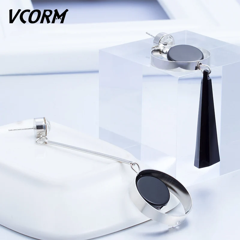 

VCORM Fashion Luxury Asymmetrical Silver Color Geometric Drop Earrings For Women Charm Elegant Rhinestone Gold Earring Jewelry