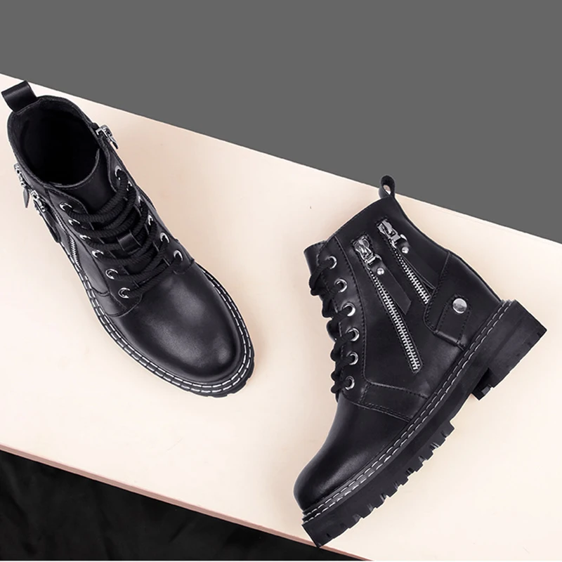 

High Quality Women Motocycle Boots Internal Increase 2020 Ladies British Style Side Zipper Thick Bottom Short Boots Women Boots