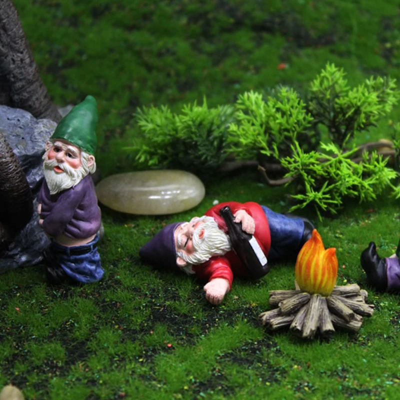 

Cute DIY Fairy Garden Drunk Gnomes Miniature Ornaments Set Mini Dwarf Bonfire Statues for Planter Flowerpot Decor Accessories