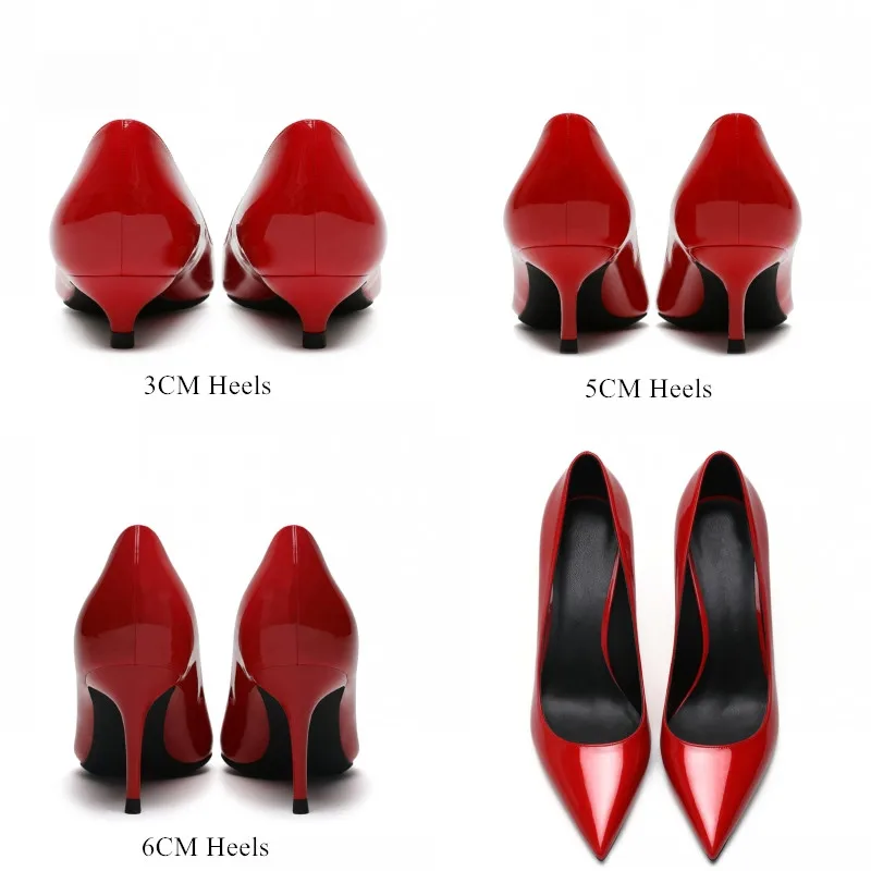 Female New Women Pumps Nude Red White Sliver Color Med Thin High Heels Lady Genuine Patent Leather Pointed Toe Office Shoes A002
