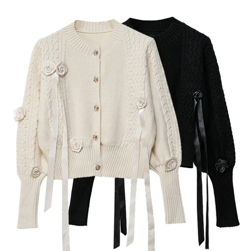 

Luxury 3D Roses Crocheted Knitted Cardigan with Streamers Soft Thin Single-breasted Sweater Coat Girl Lantern Sleeve Crop Tops