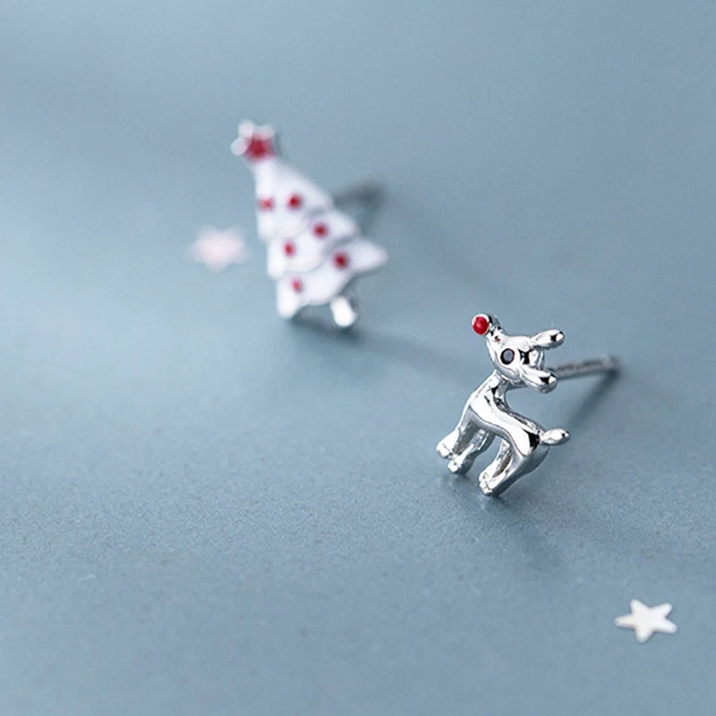 Real 925 Sterling Silver Cute Deer Christmas tree Jewelry Women Asymmetry Stud Earrings Fashion Girl Gifts | Украшения и