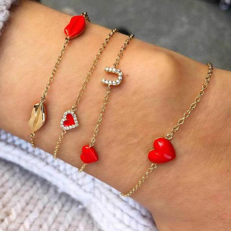 Набор браслетов Tocona 4 шт./компл. с золотыми цепочками и красным сердечком