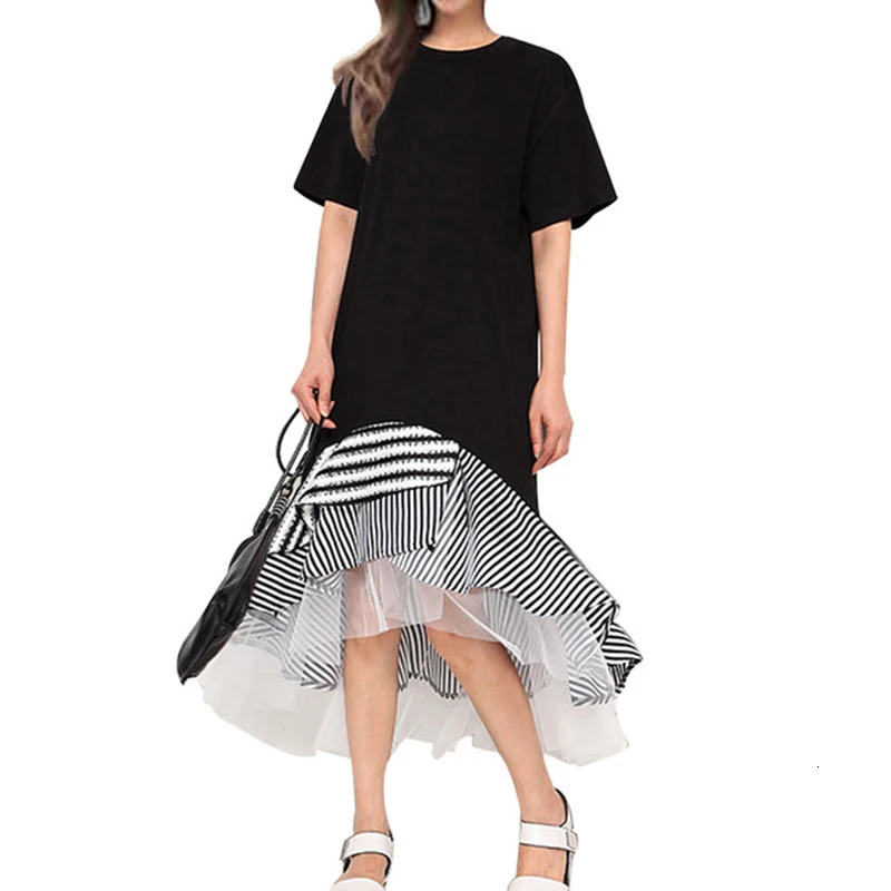 Платье-Русалка женское черное с круглым вырезом и коротким рукавом оборками