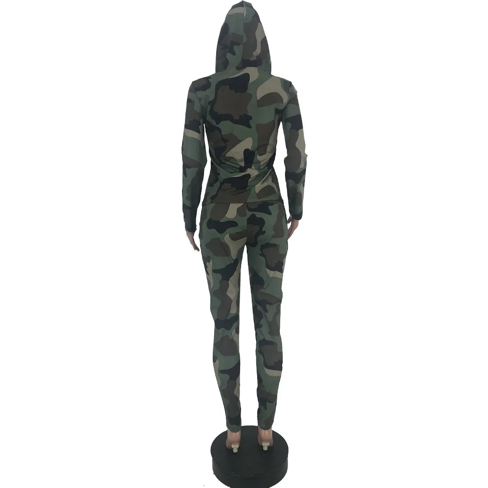Conjunto de Sudadera con capucha de camuflaje deportivo para mujer, chándal de dos piezas con cremallera, trajes a Juego de 2 piezas, Otoño e Invierno