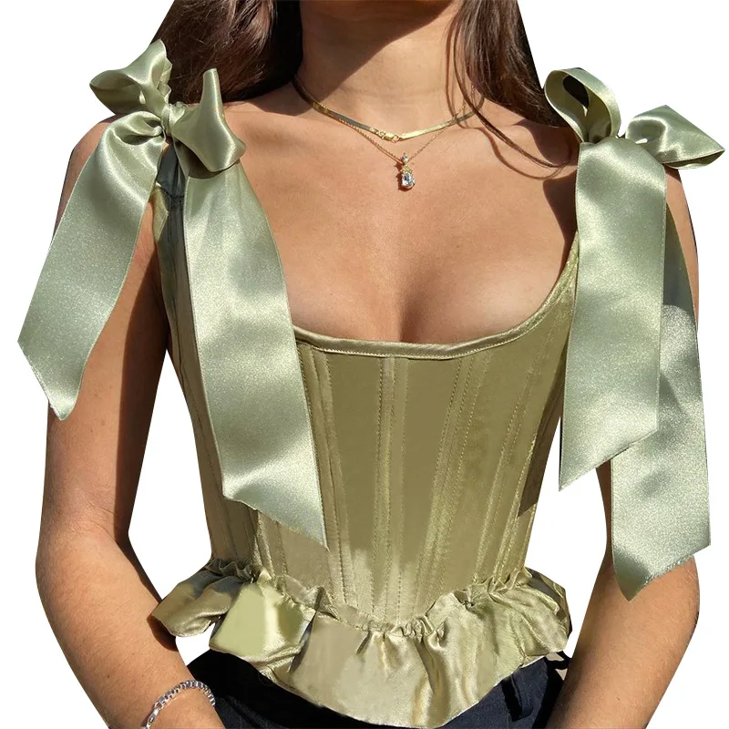 

Deive Teger 2021 Summer New Chic Women's Fashion Satin Bow Tie Camis Sexy Backless Summer Crop Top Woman Casual Tee Shirts