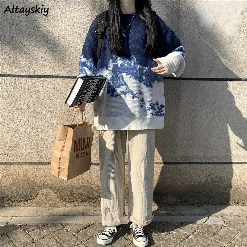 

Women Pullovers Patchwork Loose Long Sleeves Sweaters O-neck Winter Autumn Warm Outwear Tops Girls Sweet Lovely Sweater Chic New
