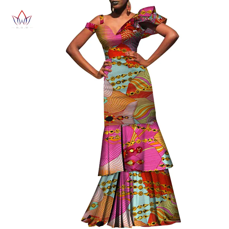Bintarealwax African Dresses for women Dashiki Elegant Long Dresses for Lady Bazin Riche V-neck African Clothing WY3718