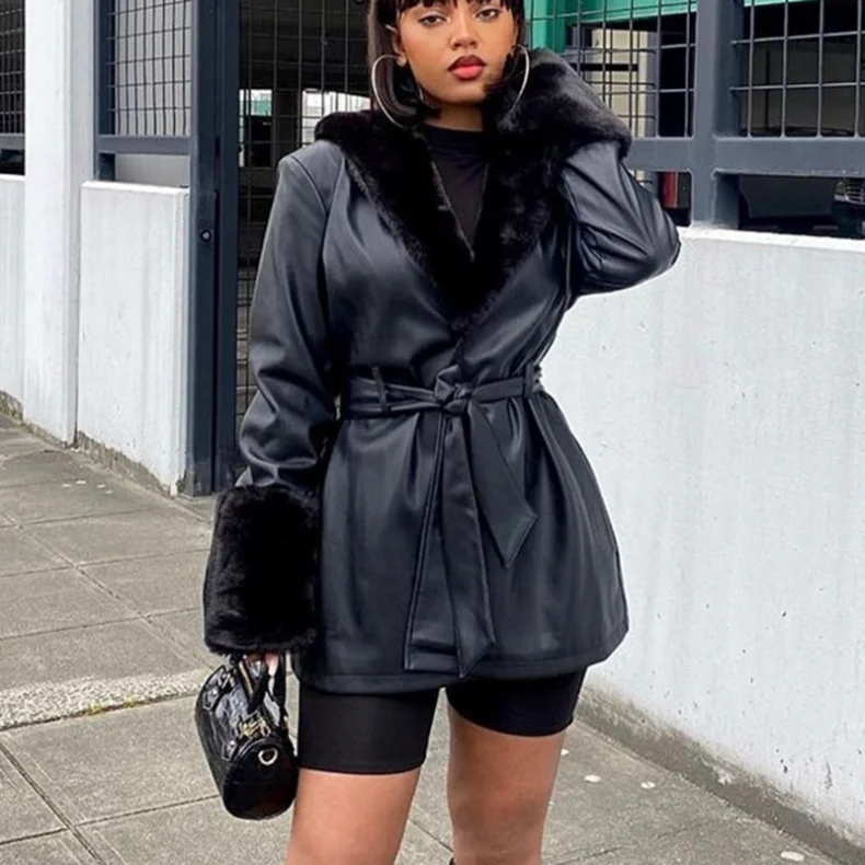 

Harajuku Fur Leather Black Jackets With Sashes Autumn Winter Windbreakers Long Sleeve Turn Down Collar Loose Coat Retro Outwear