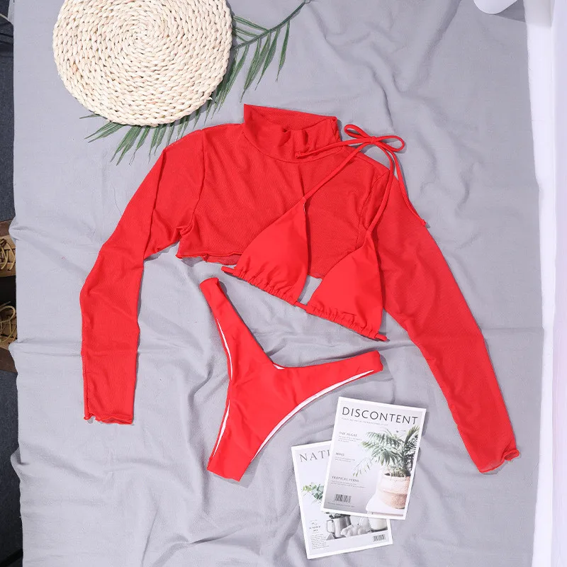 

New solid color three-piece sexy backless high stretch swimsuit with neckline bikini