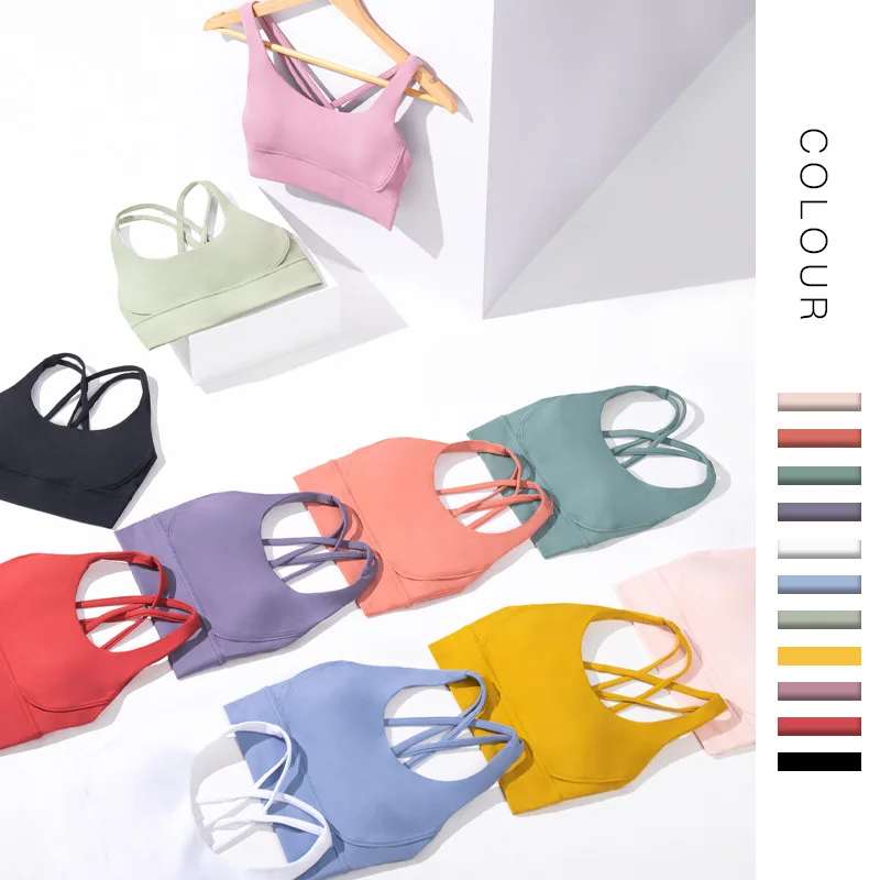 

New Multi-color Optional Cross Four Shoulder Straps Backless Bra Shockproof Fitness Run Sports Top Push Up Lulu Yoga Bra Women