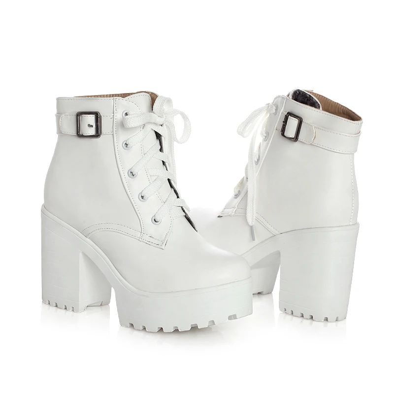 

Spring Autumn Fashion Women Boots Square High Heels Platform Buckle Lace Up Pu Short Booties Winter Ladies Shoes 2021 White
