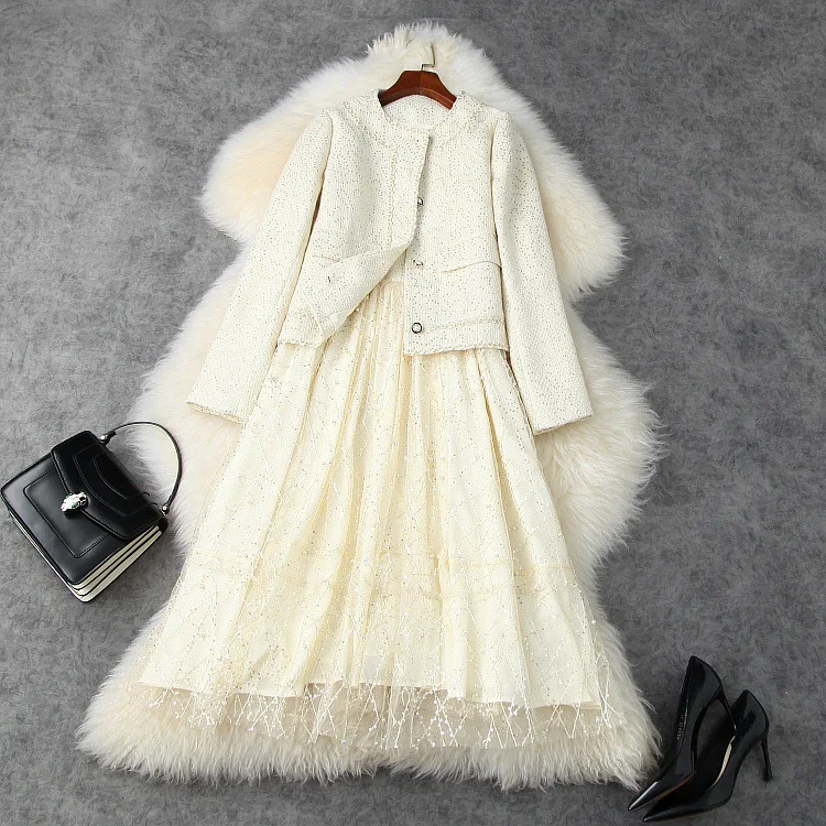 

Женская одежда в европейском и американском стиле, новинка зимы 2021, стильное твидовое пальто с длинными рукавами, лоскутное газовое платье ...