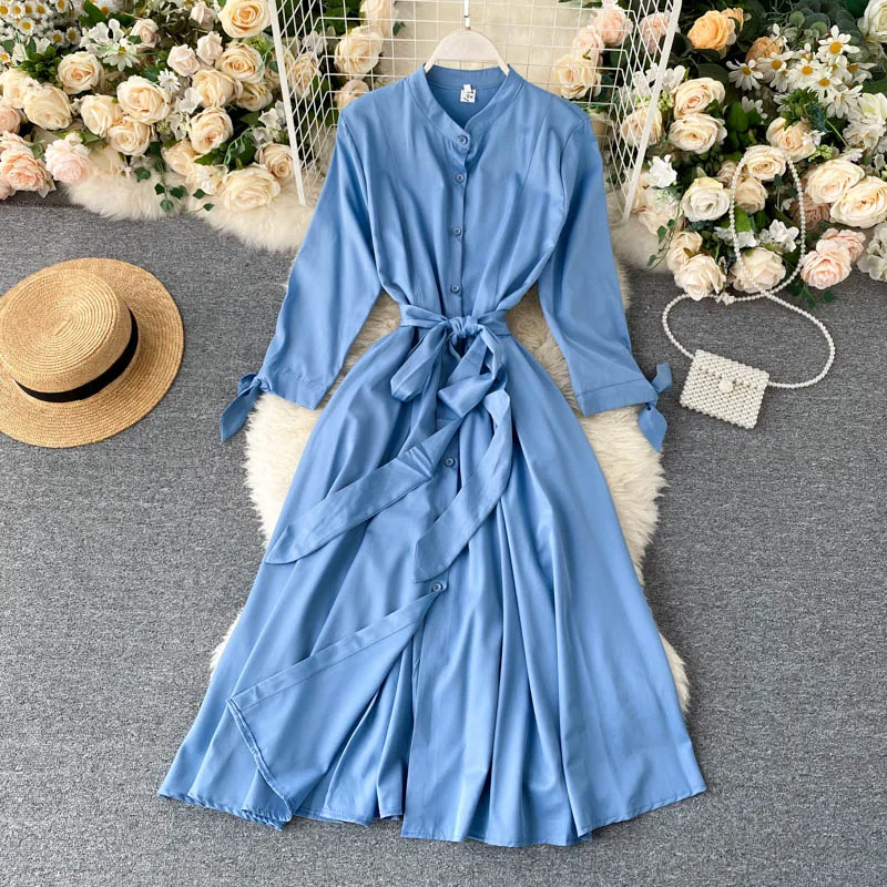 SINGRAIN Elegant Solid Women Dress Autumn Stand Collar Breasted Long Sleeve Lace up French Casual Streetwear A-line | Женская одежда