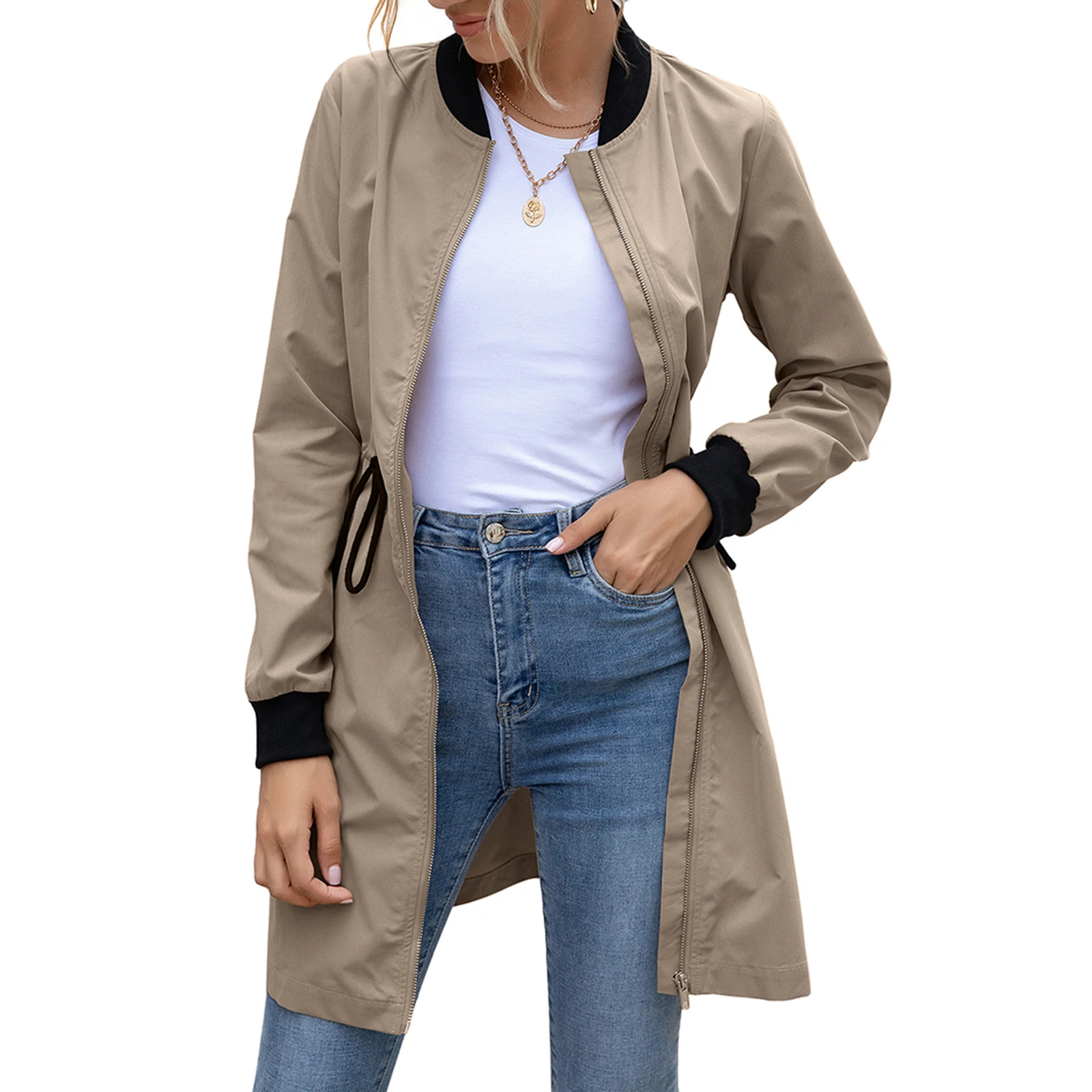 

Женский кардиган с воротником-стойкой, уличное пальто-пылесос с длинными рукавами и косым карманом на завязках, осень