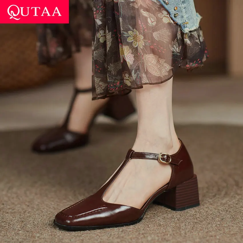 

QUTAA 2021 Retro Square Toe Female Pumps Spring Summer Genuine Leather Women Shoes T Strap Buckle Square Heels Size 34-39