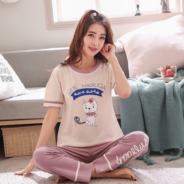 Пижама женская с коротким рукавом и брюками хлопковый осенний тонкий летний