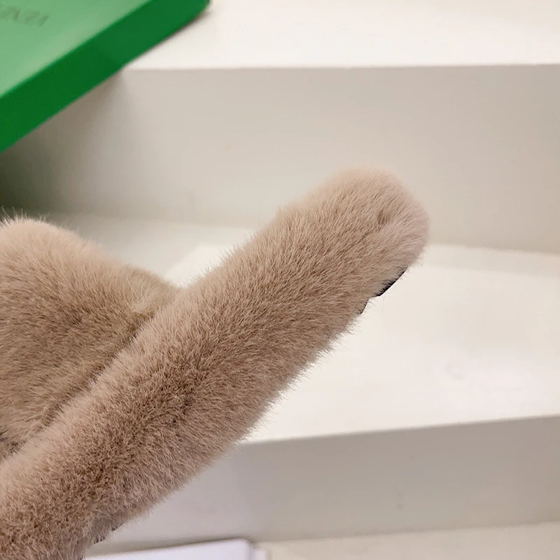 Winter Women House Slippers Faux Fur Flat Warm Shoes Furry Home Slippers Non-slip Solid Hollow out Fuzzy Slippers For Female