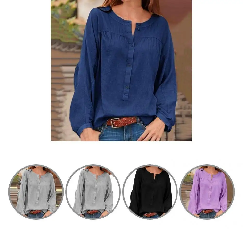 

Ladies Shirt Round Neck Loose Autumn Clothing Lantern Sleeve Solid Color Blouse All Match Casual Tops for Outdoor Dropshipping