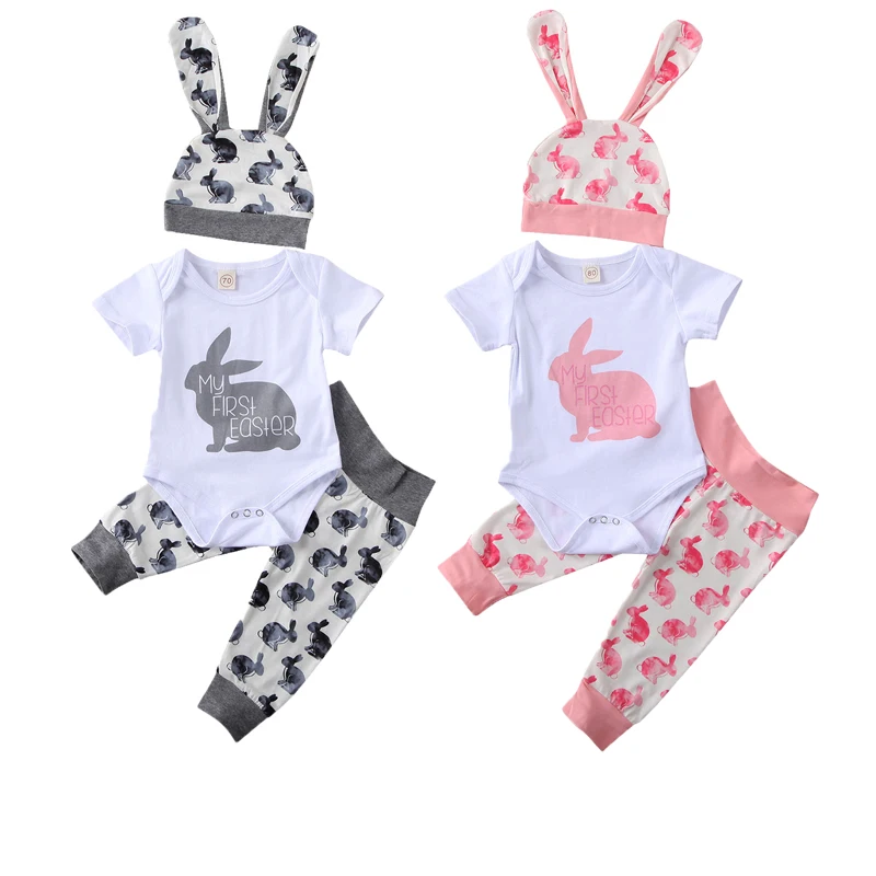 

0-18M Newborn Infant Baby Boy Girl Easter Clothing Set 3Pcs Short Sleeve Rabbit Printed Romper Top Long Pant Hat