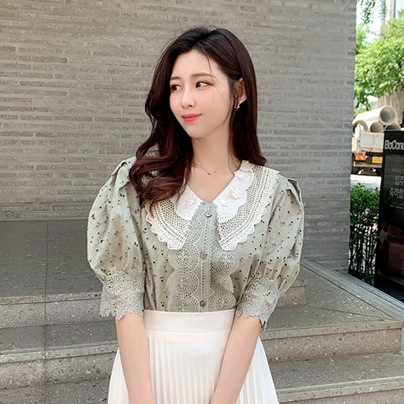 

New Fashion 2021 Retro Puff Sleeve Vintage Women Mesh Embroidery Shirts