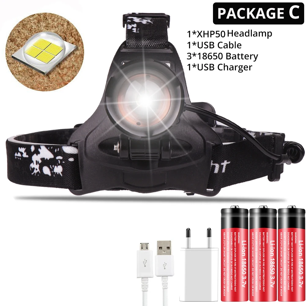 Package C Супер яркий светодиодный налобный фонарь Xlamp xhp50 Мощный USB светодиодный налобный фонарь 3*18650 фонарик - Испускаемый цвет: Package C