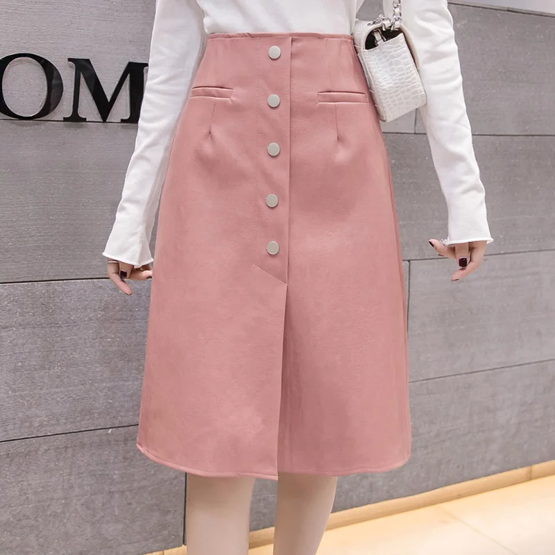 pink Корейские однотонные длинные юбки из искусственной кожи для женщин осень зима внешние кнопки щелевая Сексуальная женская Юбка-миди юбка Русалочий хвост - Цвет: pink