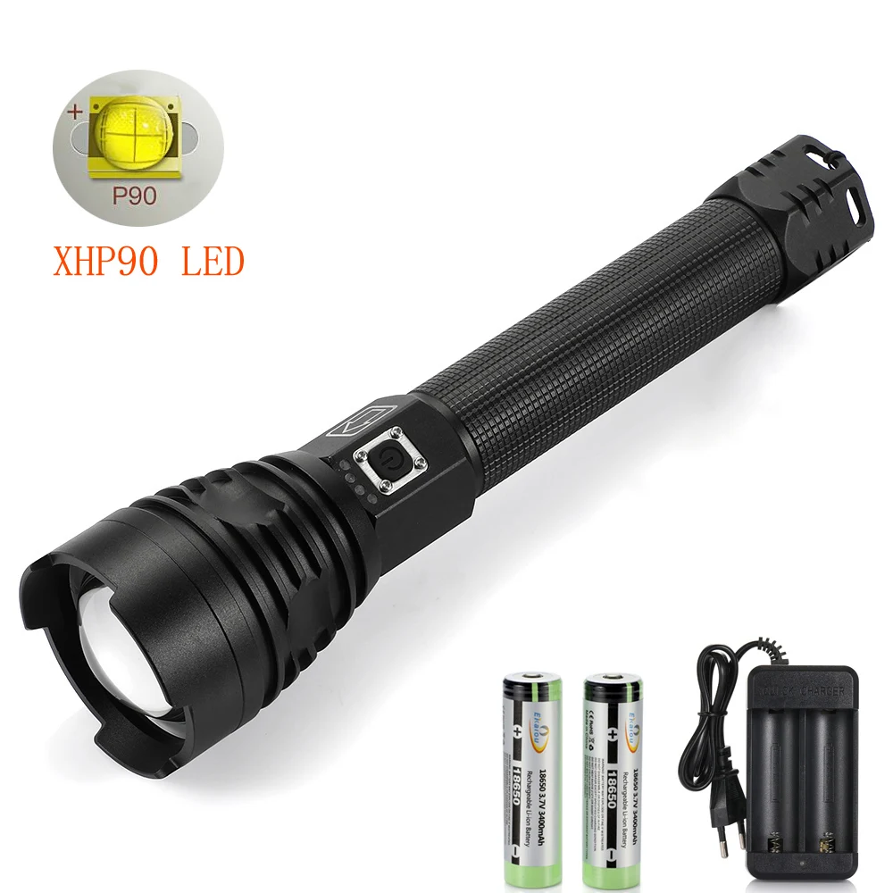 

XHP90 Most Powerful Led Flashlight USB Rechargeable Zoom Torch Hand Lamp 18650 Flash Light & 2pcs 18650 battery charger kit