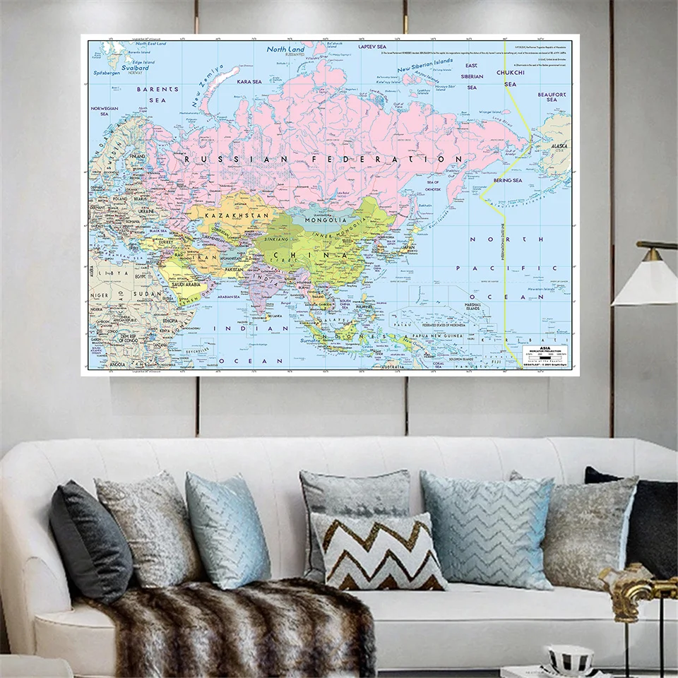 

225*150cm Map Of Asia Wall Decor Map Poster Mercator Projection Wall Painting For Home Office School