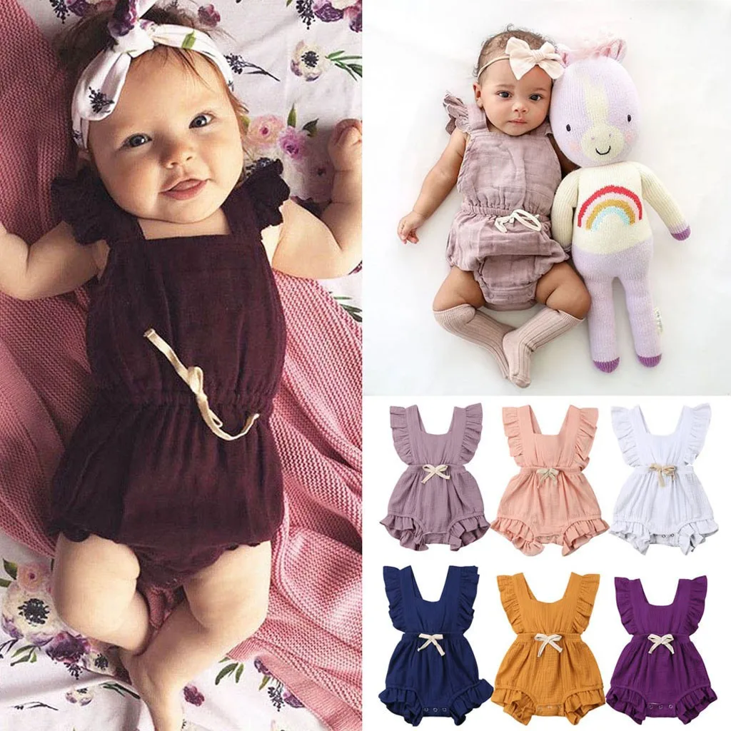 

Newborn Baby Girls Clothes Ruffle Solid Color Romper Backcross Jumpsuit Outfits Bowknot Sunsuit Infant Baby Clothing 2021 Summer