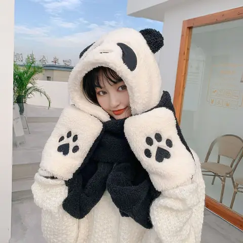 Sweet Cartoon Panda Hat Cute Winter Hat Windproof Scarf and Gloves Set Cute Winter Thick Hoodies Scarf with Mitten Beanies