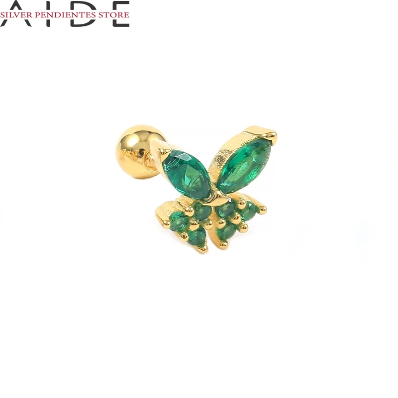 

AIDE 1PCS 925 Sterling Silver Stud Earrings For Women Mini Colorful Zircon Green Purple Butterfly Piercing Earrings Bijoux Femme