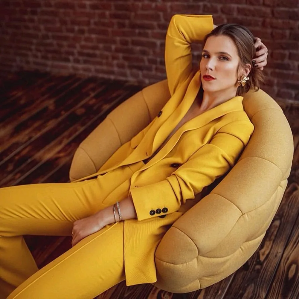 Женский блейзер с двумя пуговицами желтый винтажный Свободный Длинный Костюмный