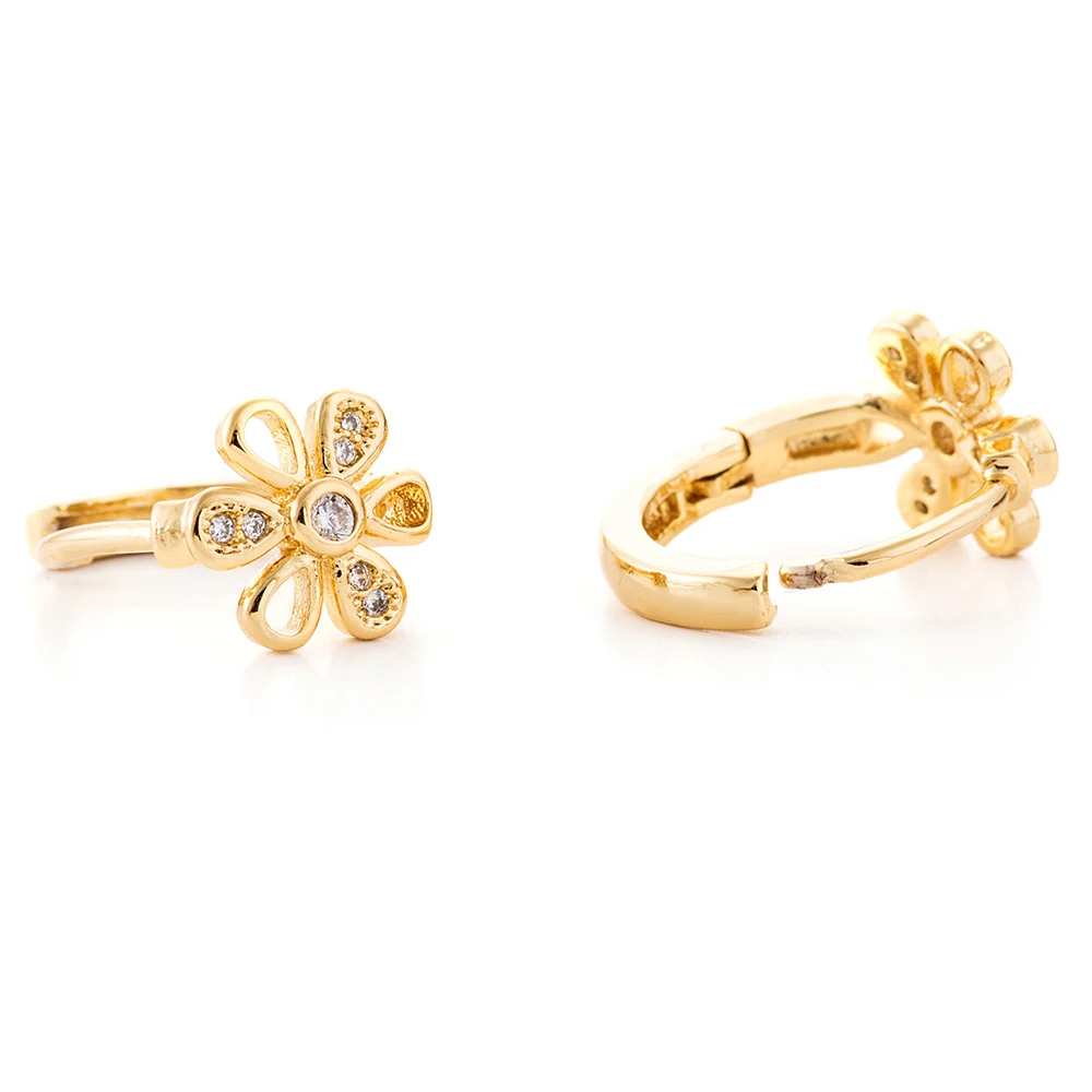 Золотистые серьги с кубическим цирконием и цветами маленькие кольца