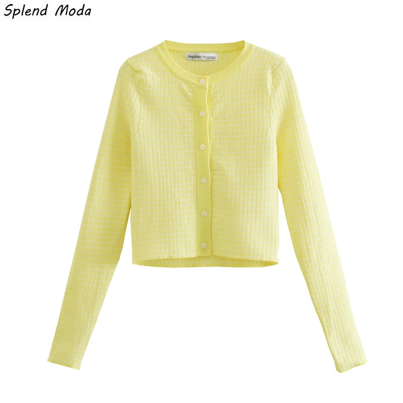 

Женский короткий облегающий трикотажный топ с круглым вырезом, Новый универсальный Кардиган с длинным рукавом и шикарные подтяжки, однотон...