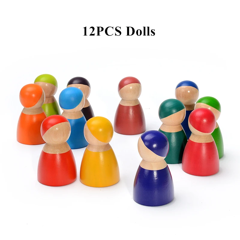 12pcs Doll 12 шт. натуральные деревянные радужные блоки, штабелеры, деревянные игрушки для детей, строительные блоки, набор форм, коробка Монтессори, обучающая игрушка в подарок - Цвет: 12pcs Doll