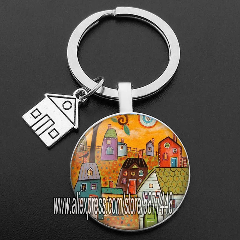 colorful painting town city building keychain beautiful house under the starry sky key ring for new home purse keyring for women free global shipping