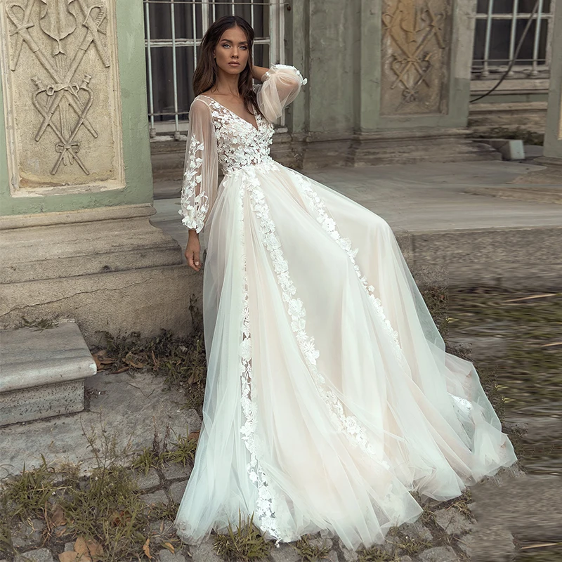 

Женское винтажное свадебное платье It's yiiya, белое Тюлевое платье с длинными рукавами-фонариками и открытой спиной в стиле бохо на лето 2019
