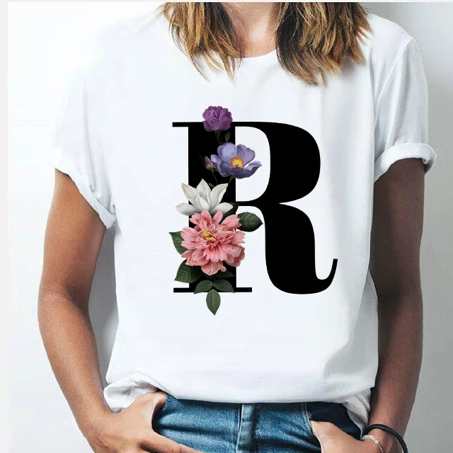 

ZOGANKIN 26 Letter Flower Women T-shirts Harajuku Kawaii Graphic Printed T Shirt Fashion O-Neck Female Clothes Girls Tops Tees