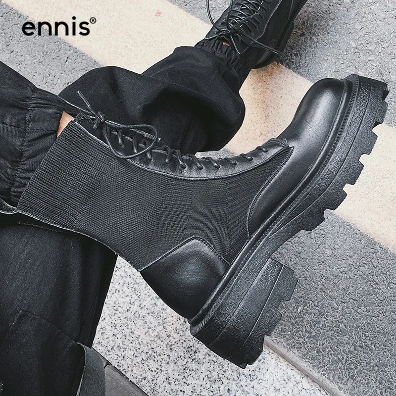 

ENNIS Martins Women's Shoes Lace Up Genuine Leather Heeled Ankle Boots Thick Bottom Boots Black Strtech Knitted Booties A0250