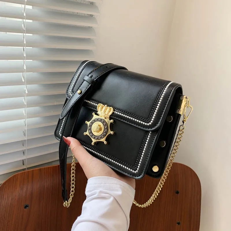

European Style Shoulder Bag Summer New Black PU Leather Chain Women's Crossbody Bag Fashion White Lock Lady's Small Square Bag