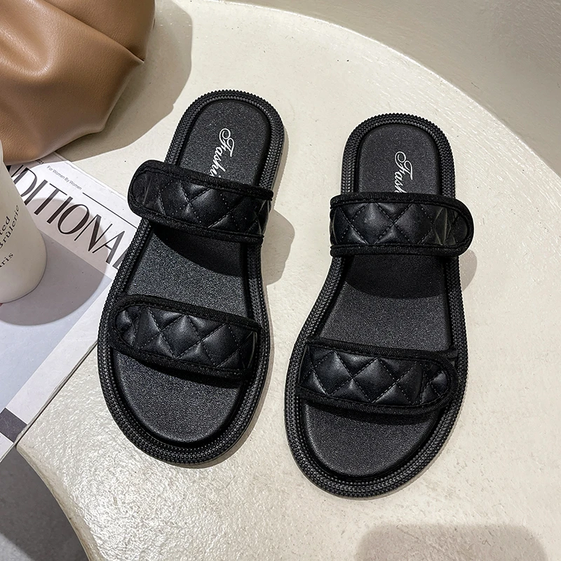 

2021 New Summer Women Leather Slippers Platform Black Beach Outdoor Slides Casual Sandals Ladies Shoes Zapatillas Mujer