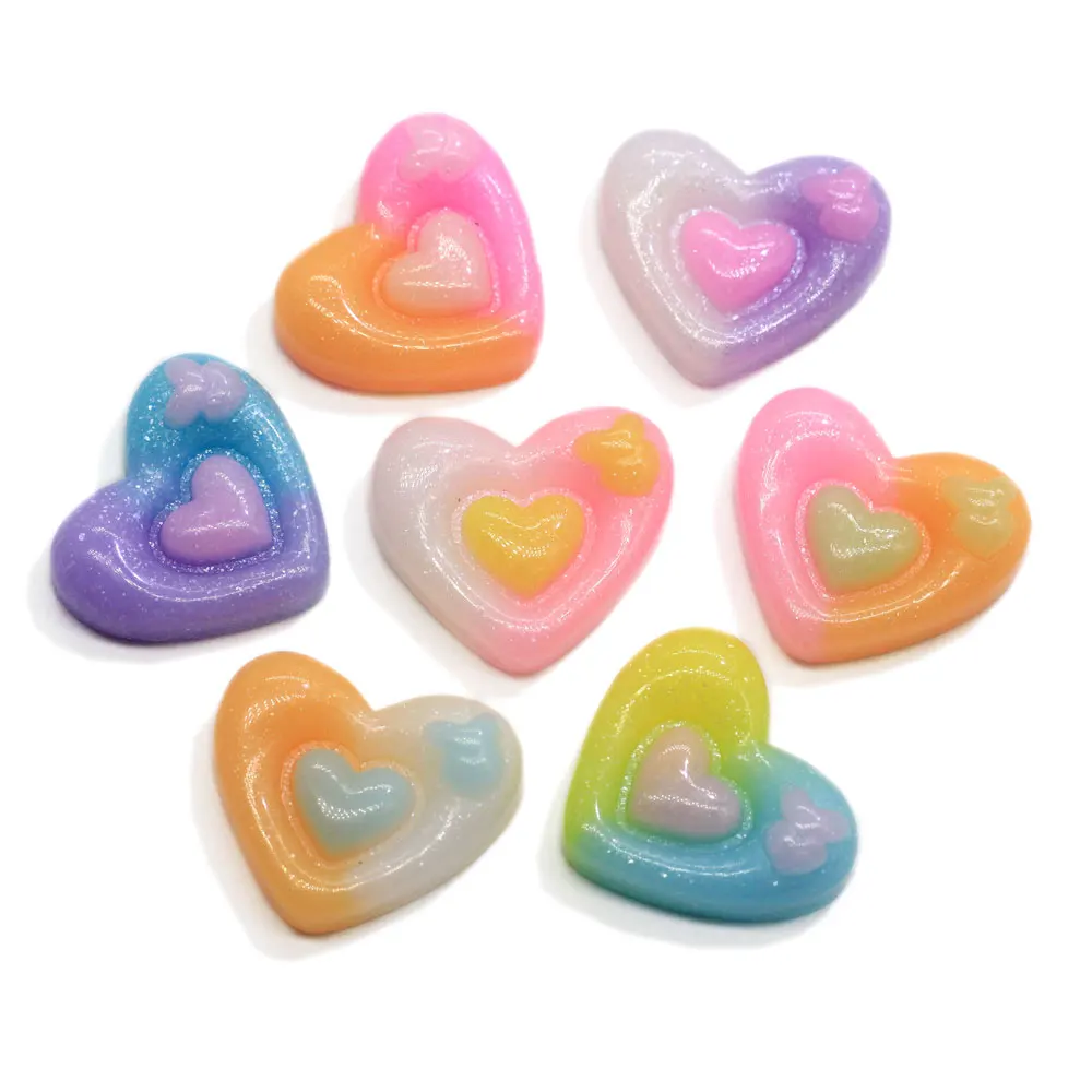

Glitter Gradient Resin Double Heart Flatback Cabochons Kawaii Rainbow Heart Decoration Charm DIY Hair Clips Decor