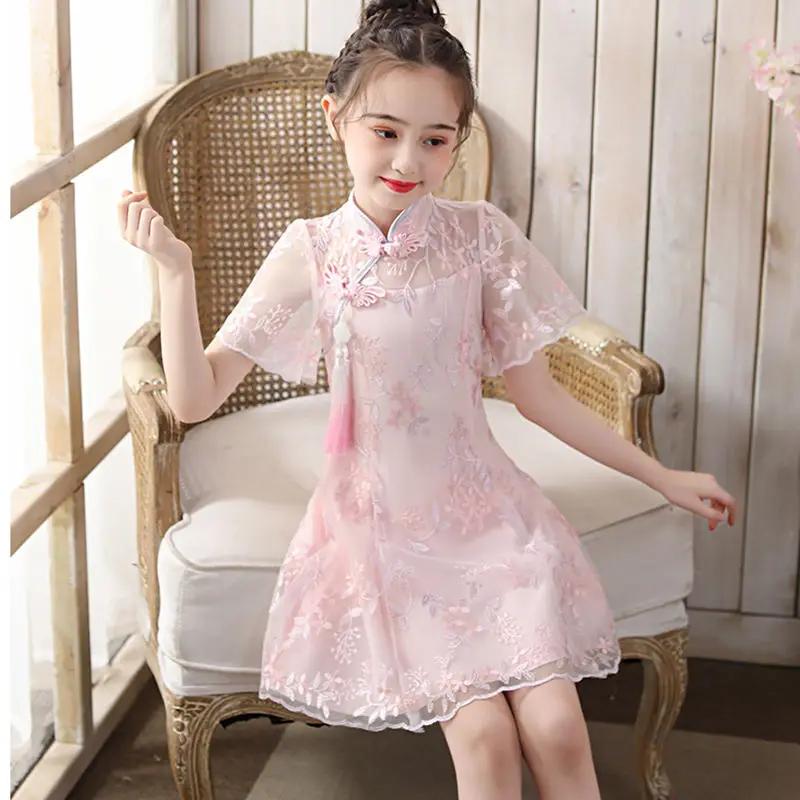 

Toddler Girl Chinese Dress Hot Cheongsam Qipao Pink Traditional Modern Chinese Hanfu Style Clothing Women Flower Embroidery Lace