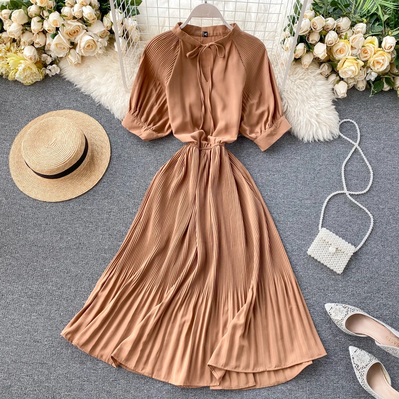 

2020 Spring Pleated Half-sleeved Pleated Chiffon Dress Solid Color Elastic Waist Thin Chiffon Dress