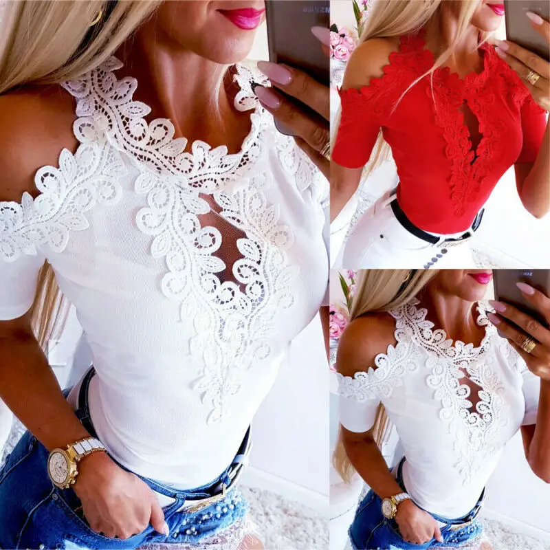 Модная одежда женская летняя кружевная майка топ с коротким рукавом