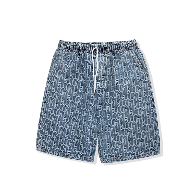 

Summer Print Denim Shorts Men Fashion Street Black Blue Elastic Waist Short Knee Length Jeans Casual Hip Hop Trousers 2021