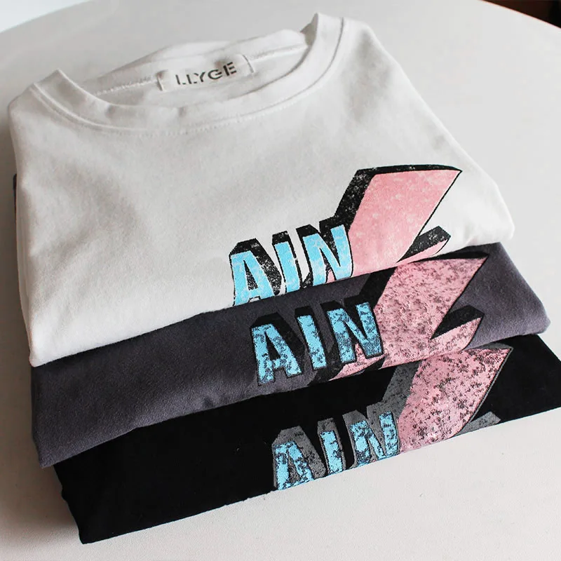 

Summer Cotton Short Sleeve Women's T-shirts Printed Gray Letter Casual O-neck T-shirt Women 2021 New Fashion Y2K Lady Tees Tops